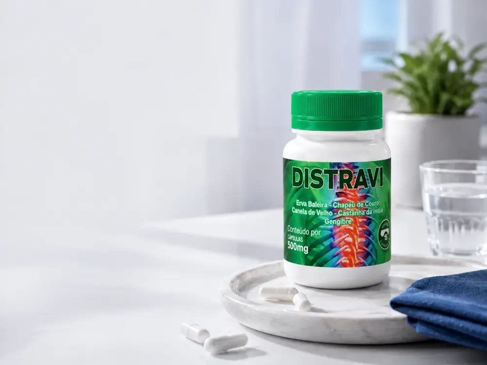Frasco do Distrave com cápsulas e copo d&rsquo;água